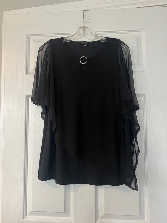4/$20 Black Chiffon Layered Flutter Sleeve Blouse with Ring Accent - Picture 1 of 4